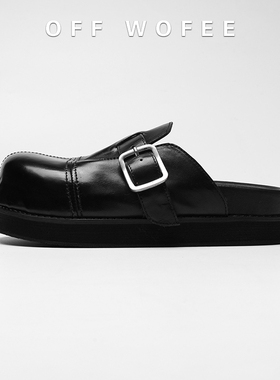 OFFWOFEE大头高级黑色勃肯拖鞋增高手工马皮水洗birken1774厚底皮