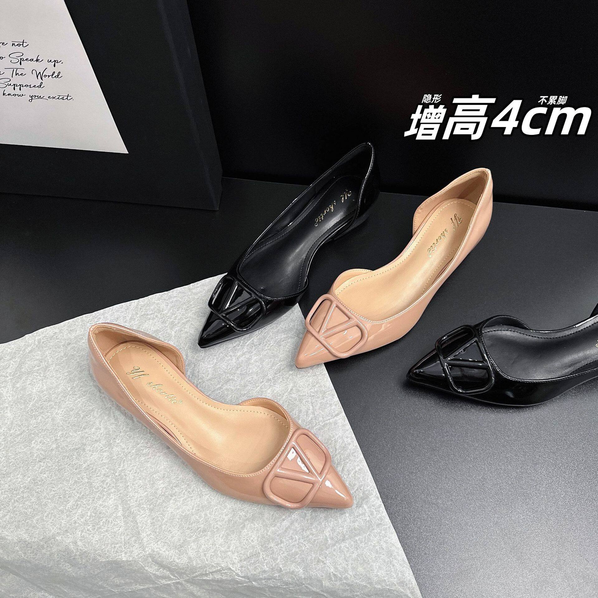 增高4公分烤漆V扣漆皮侧空单鞋女2025夏季新款性感尖头浅口平底鞋