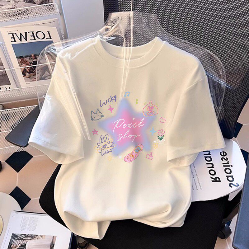 白色卡通女童短袖t恤夏季宽松女