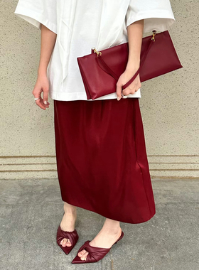 设计师买手店本命年中国红真丝醋酸缎面松紧腰后开衩直筒裙半身裙