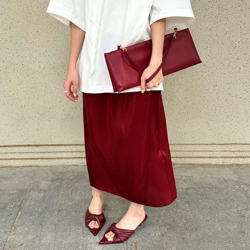 设计师买手店本命年中国红真丝醋酸缎面松紧腰后开衩直筒裙半身裙