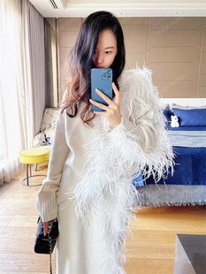 设计师买手店早春鸵鸟毛针织衫上衣半身裙套装仙气毛衣真羽毛时髦