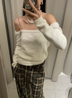 设计师买手店毛织一字肩针织上衣柔软贴肤秋冬气质内搭毛衣辣妹潮