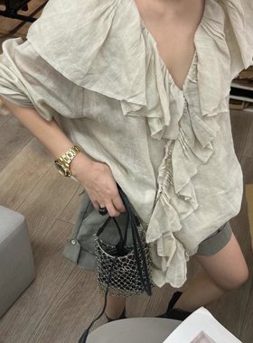 设计师买手店苎麻娃娃领防晒衬衫松弛时髦立体剪裁不规则衬衣上衣