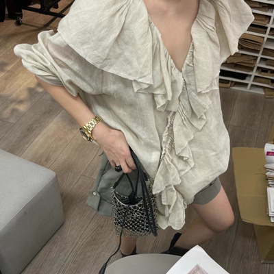 设计师买手店苎麻娃娃领防晒衬衫松弛时髦立体剪裁不规则衬衣上衣