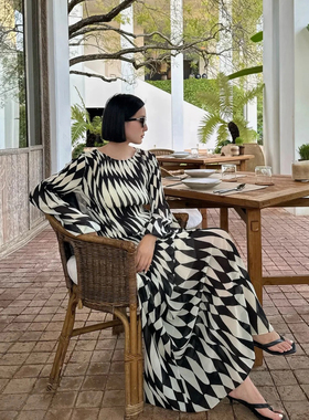 设计师买手店小众高级时髦不规则菱形格纹千鸟格压褶连衣裙长裙女