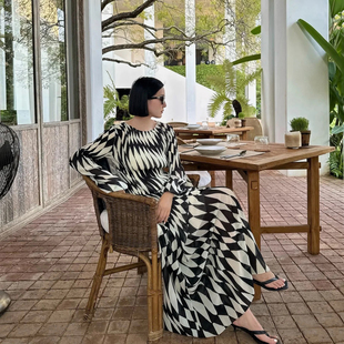 设计师买手店小众高级时髦不规则菱形格纹千鸟格压褶连衣裙长裙女