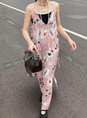 设计师买手店粉色扑克印花吊带裙连衣裙时髦木耳花边波点开叉长裙