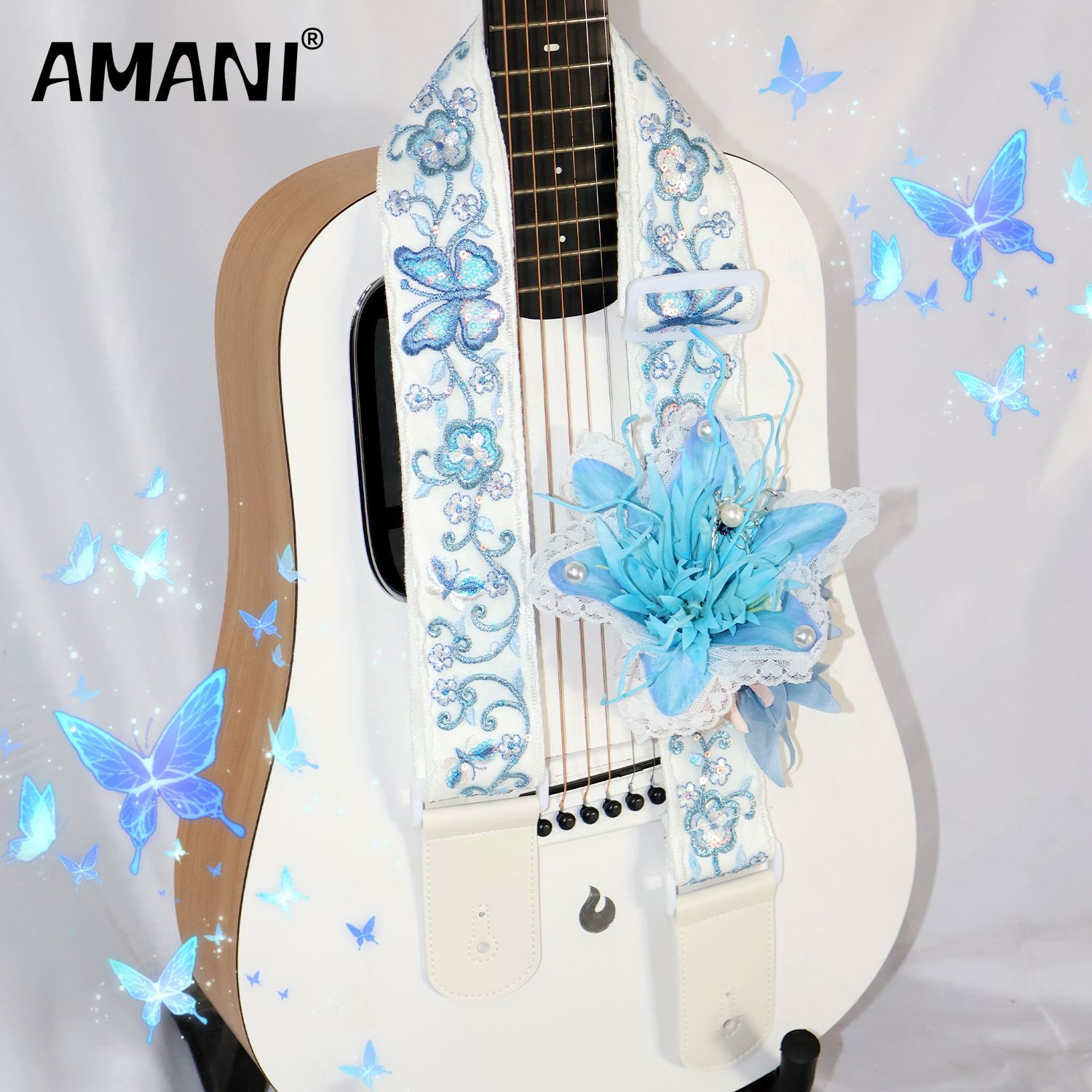 吉他贝斯手作吉他背带个性蓝色花卉电吉他木吉他背带舞台背带