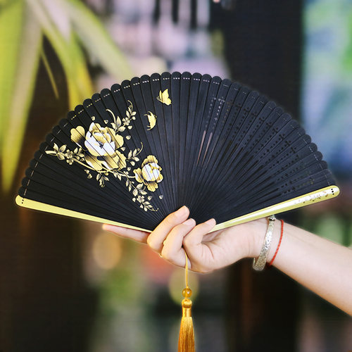 323中国风全竹扇子女士烫金花卉扇立体彩绘古风便携好开合舞蹈扇