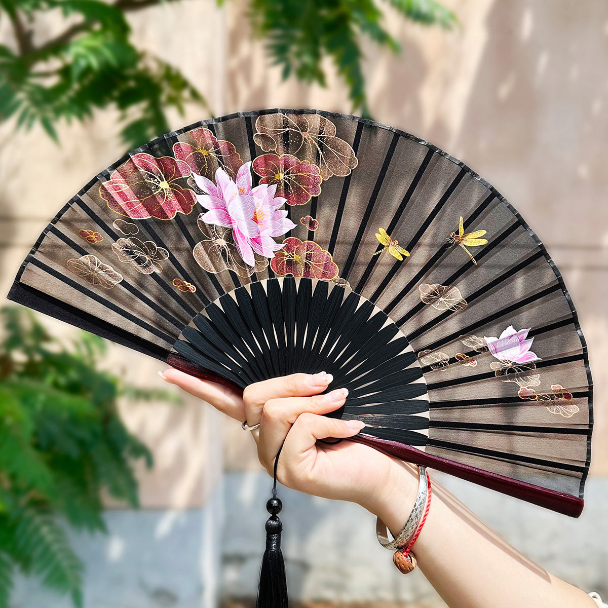 461新中式国风折扇烫金7寸真丝女式马面裙扇子真丝舞蹈折叠扇竹扇