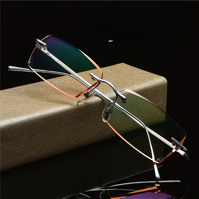 无框近视眼镜男款纯钛合金超轻眼镜框架钻石切边镶钻成品眼镜8064