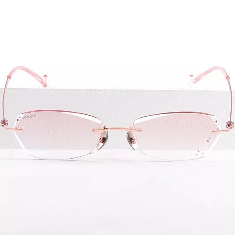 ambush无框眼镜框近视眼镜架超轻纯钛成品粉色钻石切边雕花素颜女