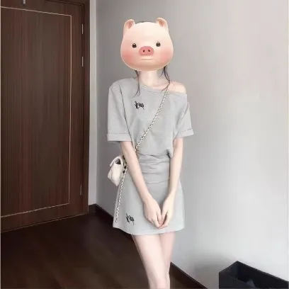 韩系休闲风收腰运动套装女夏季时尚短款斜肩短袖短裙小个子两件套