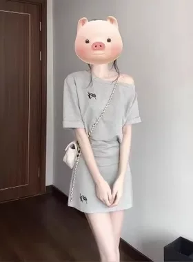 韩系休闲风收腰运动套装女夏季时尚短款斜肩短袖短裙小个子两件套