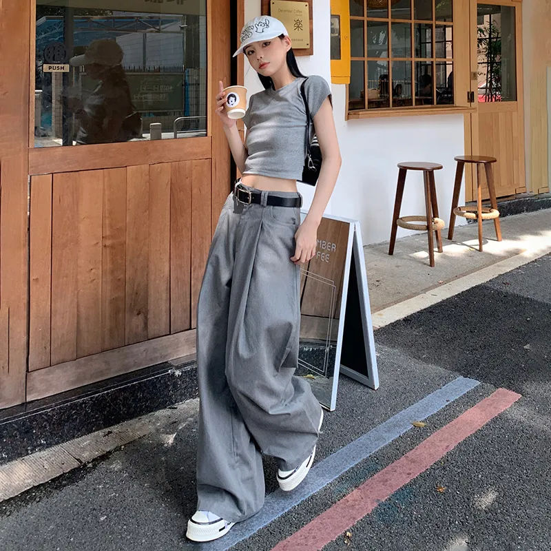 新款韩版灰色直筒休闲裤女百搭宽松雅痞风高腰显瘦垂感阔腿裤春夏