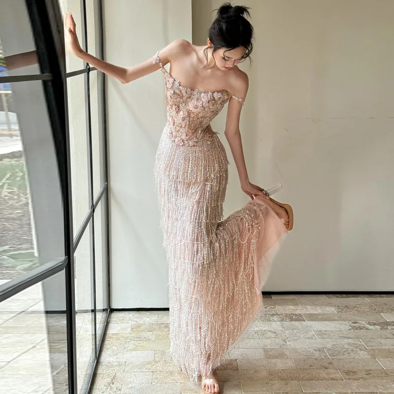 晚礼服裙女高级感轻奢小众重工流苏订婚主持人结婚晨袍敬酒服新娘