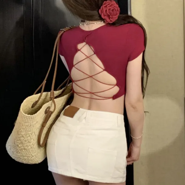 人棉辣妹性感纯欲镂空绑带露背短袖T恤修身短款露脐上衣女潮