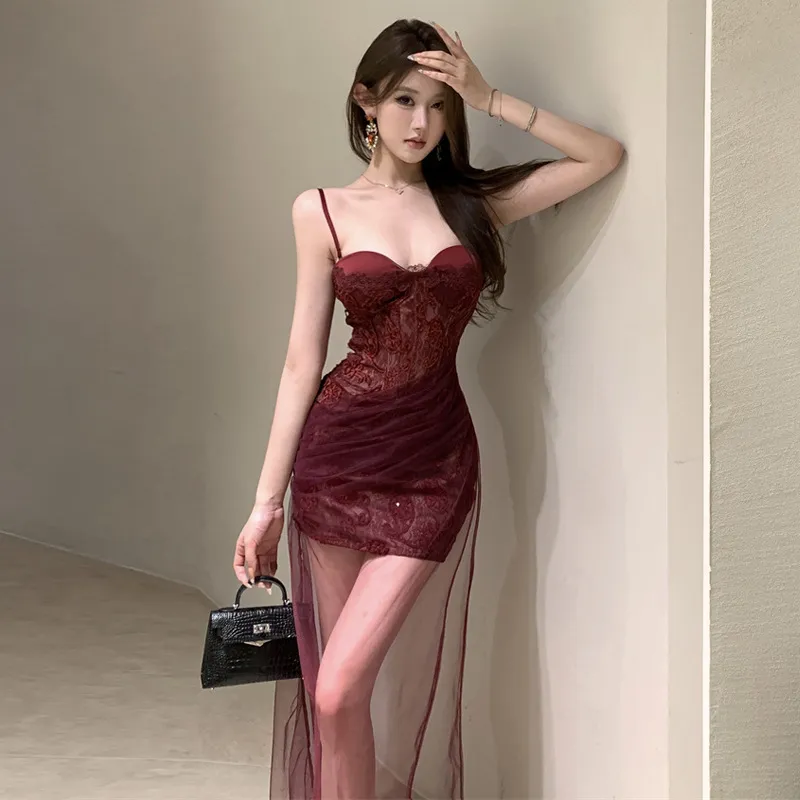 2424欧美东南亚外贸2026女装气质辣妹蕾丝拼接网纱修身连衣裙