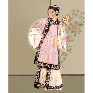 戏文说舞蹈服簪花清汉女服装格格汉服清朝满清旗装唐朝黄色印花裙