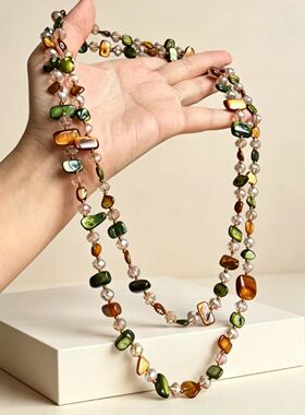速卖通外贸春秋新款 Women Necklaces 天然石多层项链长毛衣链