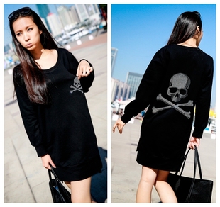 Livia水钻骷髅卫衣休闲运动宽松前短后长撞色开叉包臀连衣裙