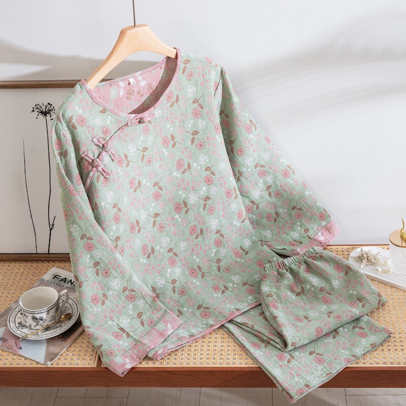 【清新】A类全棉色织提花双层纱睡衣/家居服套装