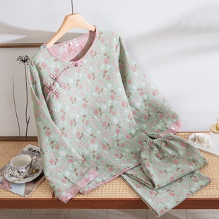 【清新】A类全棉色织提花双层纱家居服女式睡衣复古纯棉睡衣