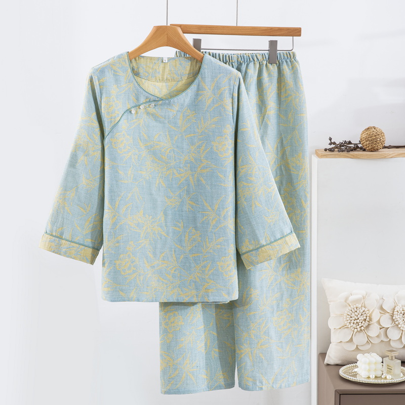【特价】A类全棉色织提花双层纱家居服女式睡衣复古纯棉睡衣
