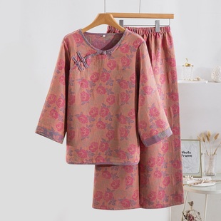 【孤品】A类全棉色织提花双层纱家居服女式睡衣复古纯棉睡衣