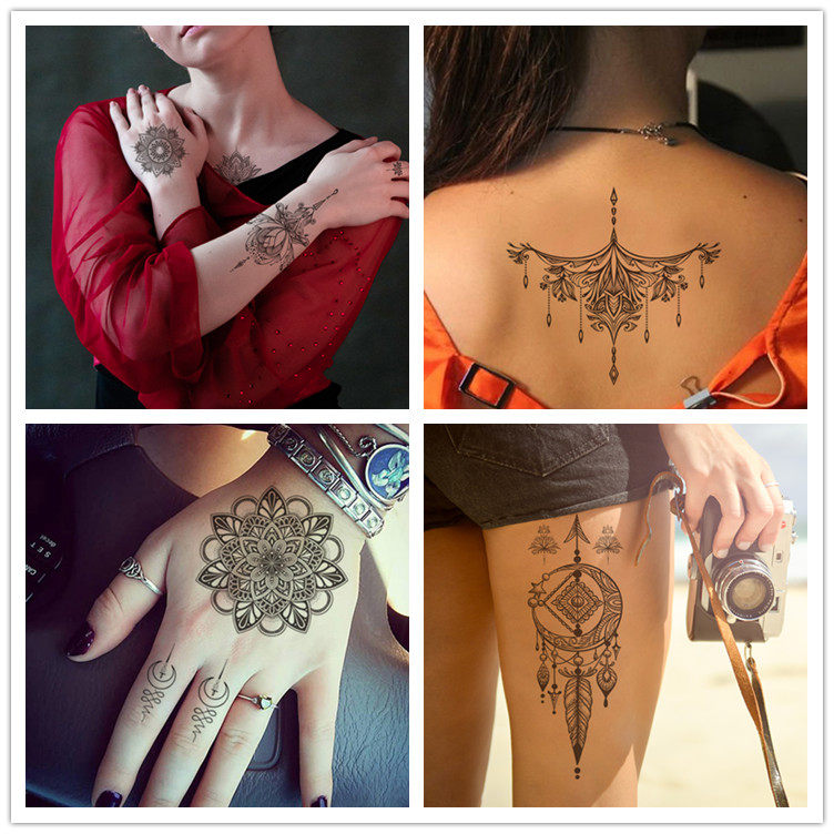 防水纹身贴女持久诱惑性感胸部仿真刺青暗黑系大腿花臂黑色曼陀罗