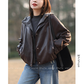连帽假两件皮衣女韩版 树也 绵柔质感 休闲宽松皮夹克短外套2026春