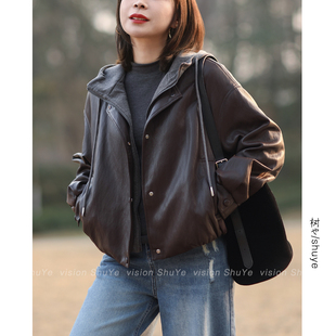 休闲宽松皮夹克短外套2026春 连帽假两件皮衣女韩版 树也 绵柔质感