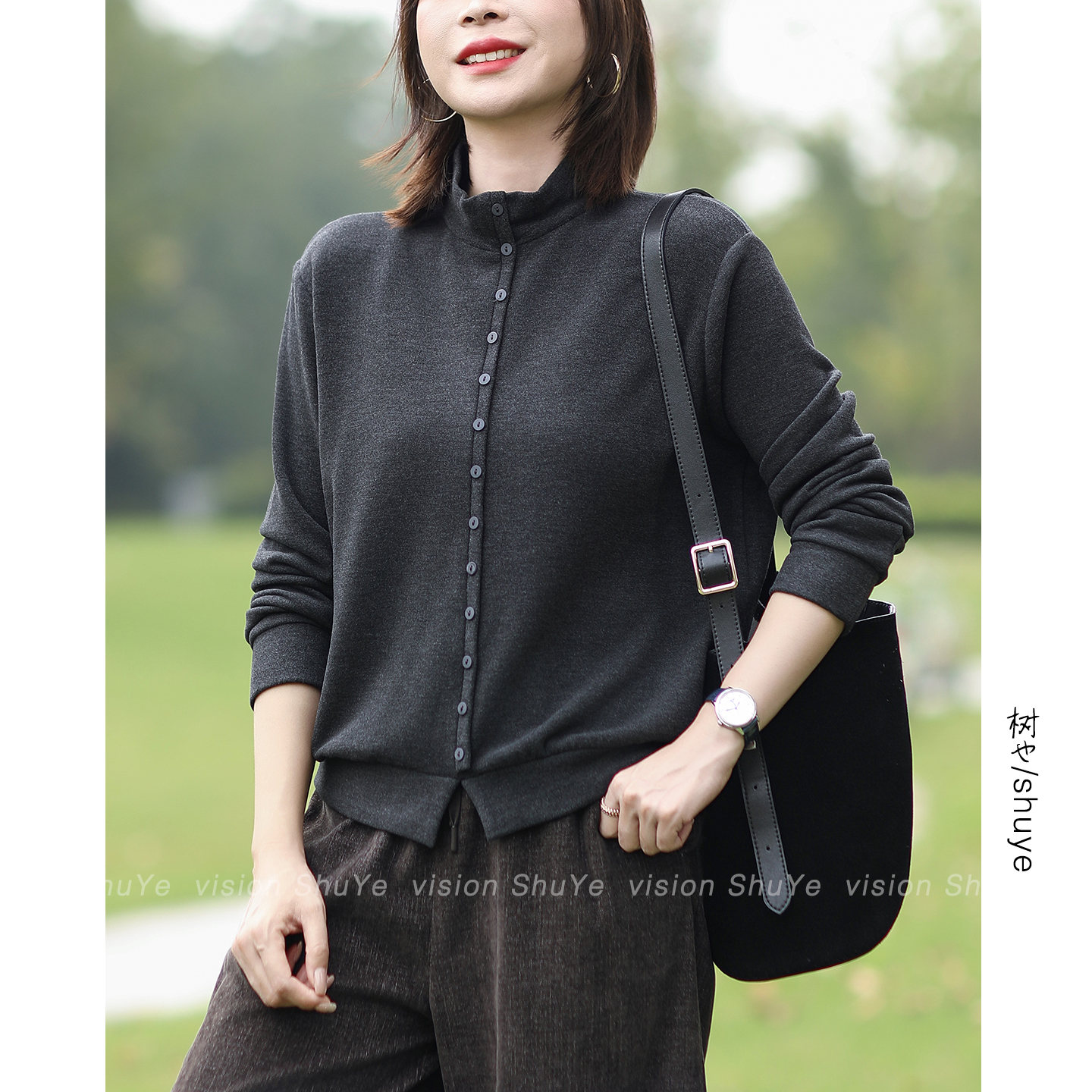 树也 蚕丝羊毛混纺双面德绒内搭单排扣装饰立领卫衣打底衫女秋冬