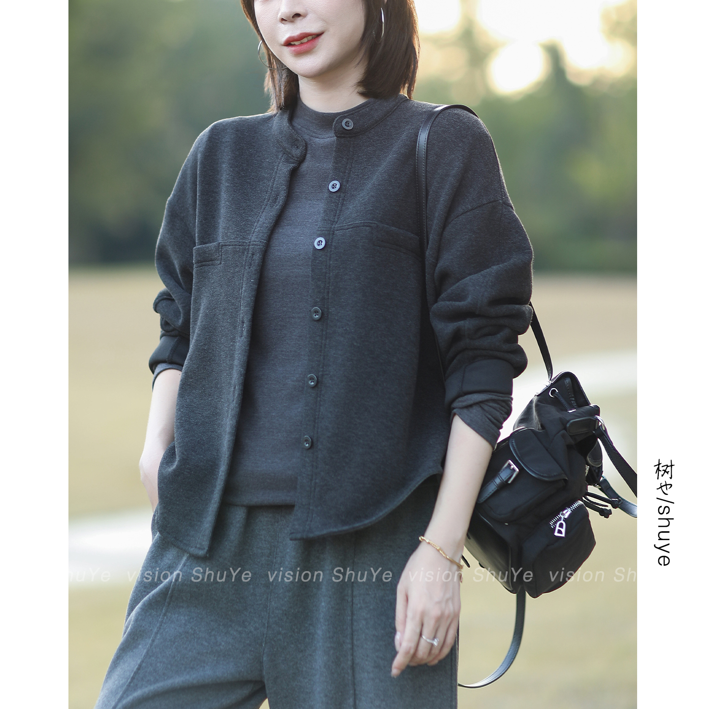 树也 松驰有型 宽松廓形文艺休闲简约立领长袖衬衫外套女2025秋装