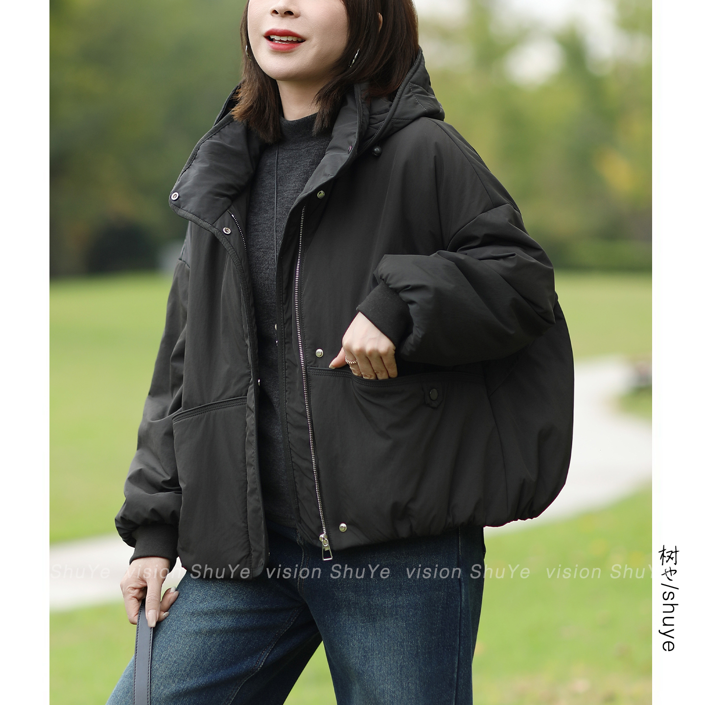 树也 松驰有型 100绵羊毛填充设计师款连帽棉衣外套女2025冬装新