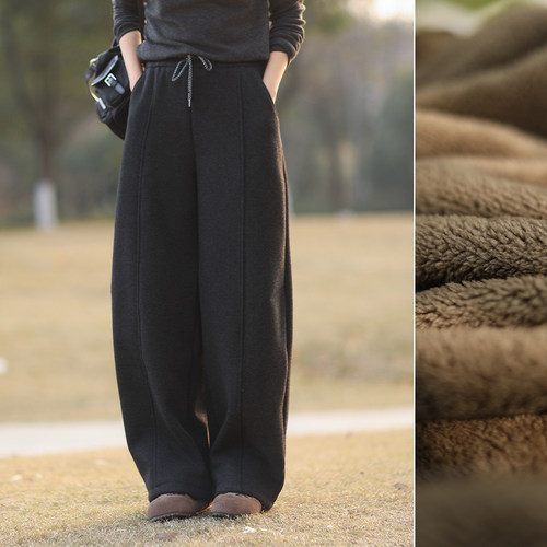 树也 一条过冬 特厚保暖羊羔绒茧型休闲裤女加绒加厚抗寒弯刀裤冬