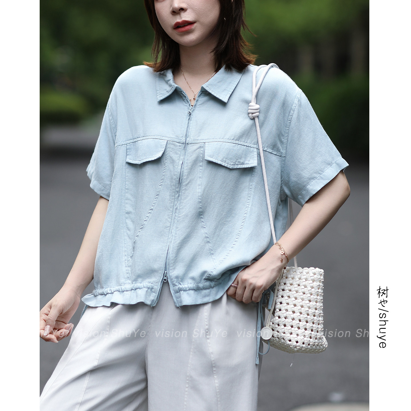 树也 独特设计款 利落裁剪工装风天丝亚麻翻领短袖衬衫外套女2026