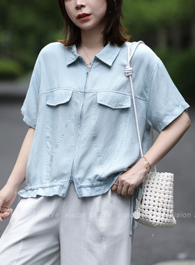 树也 独特设计款 利落裁剪工装风天丝亚麻翻领短袖衬衫外套女2026