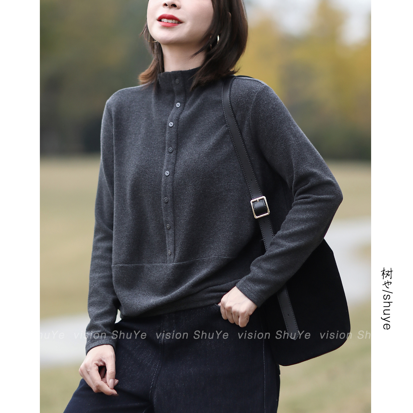 SHUYE松驰有型 加厚德绒半高领打底衫女长袖T恤内搭上衣2025冬季