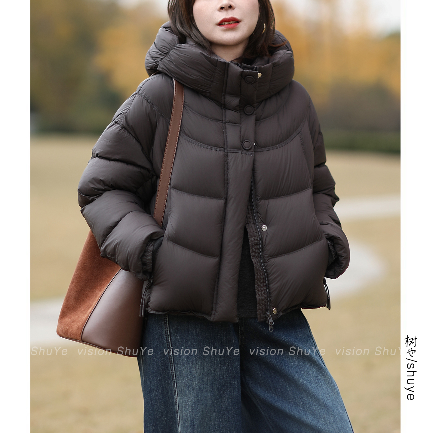 树也 超柔软高蓬松加厚保暖90白鸭绒设计感连帽小个子羽绒服外套