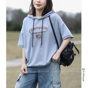 树也 宽松有型 韩版休闲宽松大码刺绣字母连帽短袖T恤女上衣2026