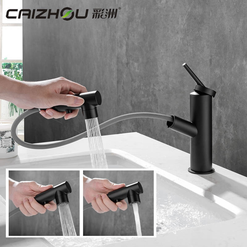 彩洲卫浴抽拉黑色冷热面盆龙头洗手盆龙头洗头发抽拉双控龙头
