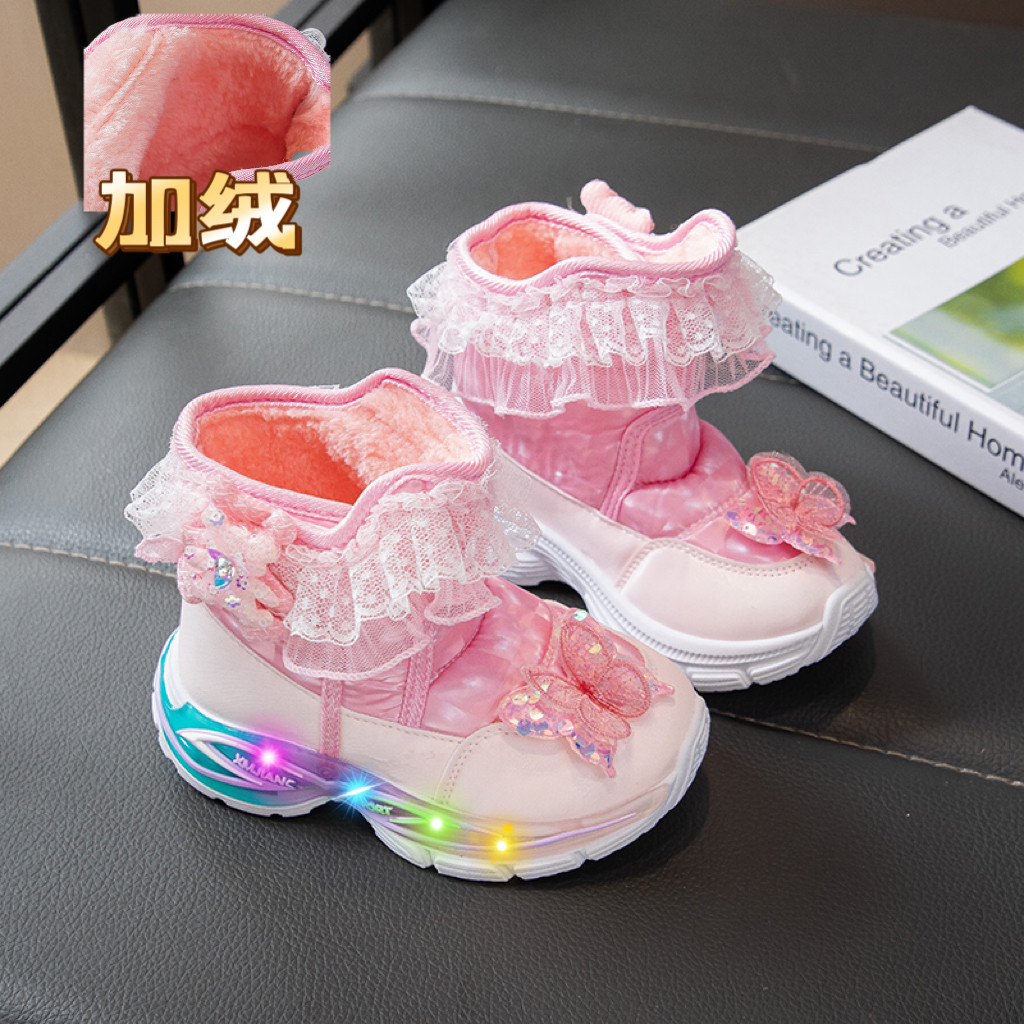 女童蝴蝶雪地靴2025冬新款蕾丝公主大棉靴防滑加绒保暖亮灯面包鞋,童鞋/婴儿鞋/亲子鞋,棉靴,淘宝优惠券,粉丝福利购,淘宝优惠卷