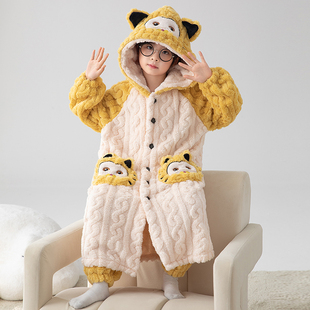 男童睡衣珊瑚绒睡袍儿童秋冬法兰绒中长款加厚保暖连帽家居服套装