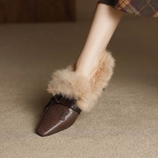羊皮毛毛鞋女外穿2025冬新款加绒保暖高跟鞋软皮百搭粗跟兔毛单鞋