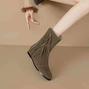 真皮磨砂皮短靴女2025秋冬新款 内增高中筒流苏靴复古百搭绿色女靴