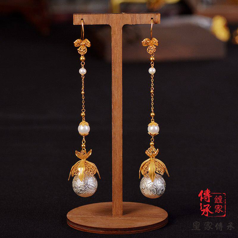 ”绽放“牡丹花叶坠錾刻卷草纹银球非遗制作汉服配饰古代耳坠耳饰