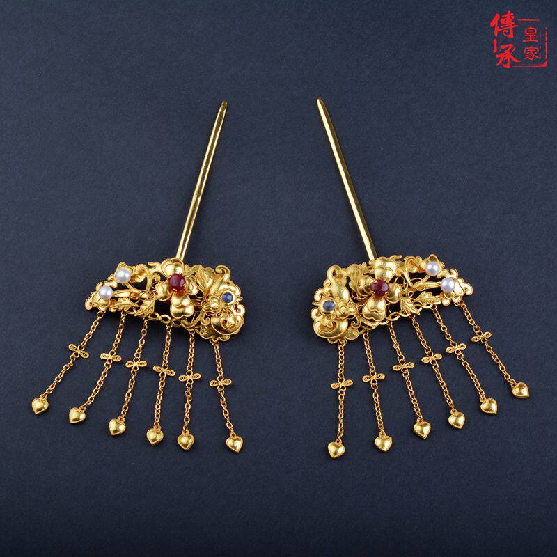 富贵花卉流苏簪一对，古代头饰汉服配饰步摇流苏簪子