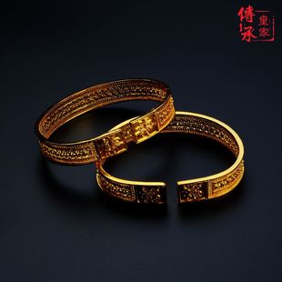 福寿连珠纹对镯,925纯银老式复古手镯老银镯花丝镶嵌手镯一对